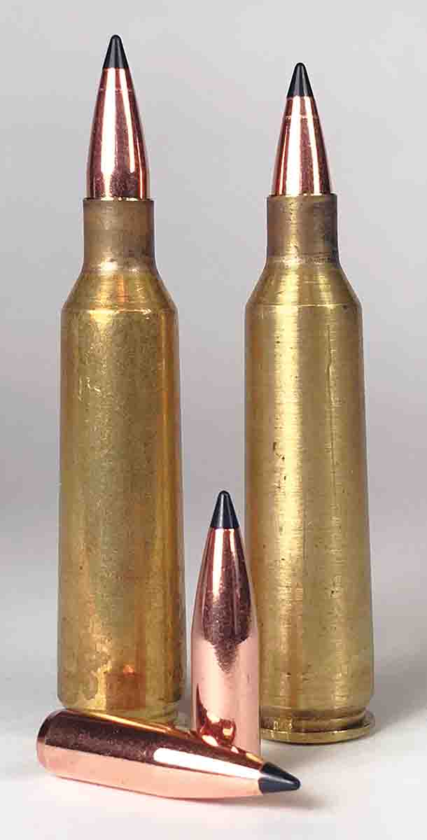 Bullet seating depth made quite a bit of difference for the .22-250. The cartridge at left had an overall length of 2.46 inches compared to the 2.36-inch cartridge length on the right.